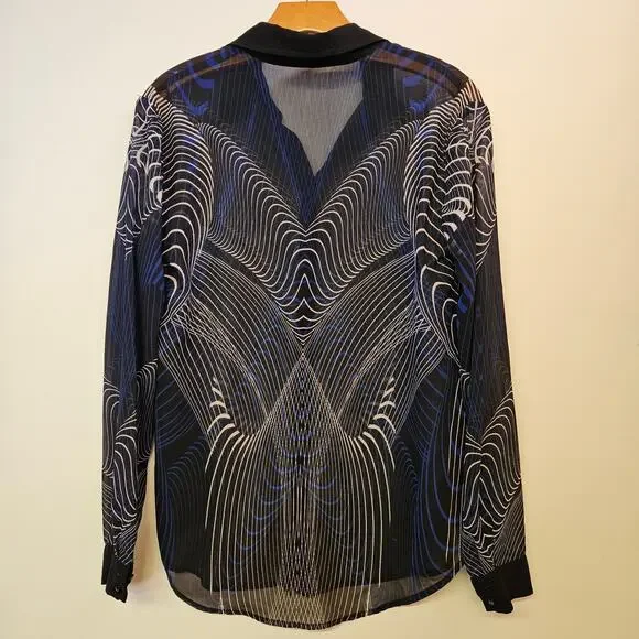 Cameo Sheer Long Sleeve Blouse Size‎ S Button Front Professional Geometric - Picture 2 of 10